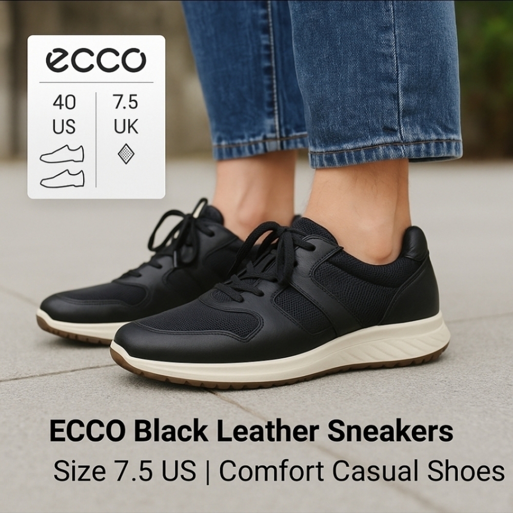 ECCO Black Leather Sneakers Size 7.5 US Comfort Casual Shoes